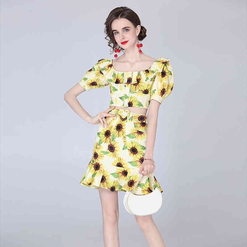 

summer high-end women's printed suit jacket + high waist short skirt two-piece 210525, Yellow