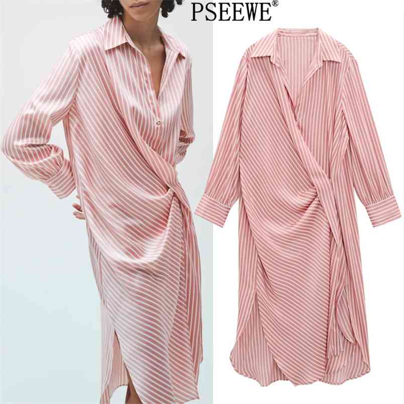 

Pink Striped Shirt Dress Woman Spring Long Sleeve Wrap es Women Casual Hem Vents Button Up Midi 210519