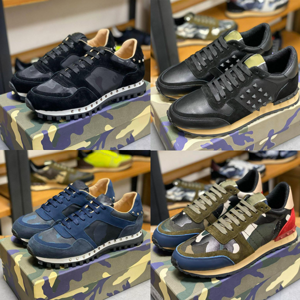 

2021 Quality Camouflage Sneaker Designer Womens Mens Rivet Shoes Studded Flats Mesh Camo Suede Leather Casual Trainers Rockrunner, Light tan