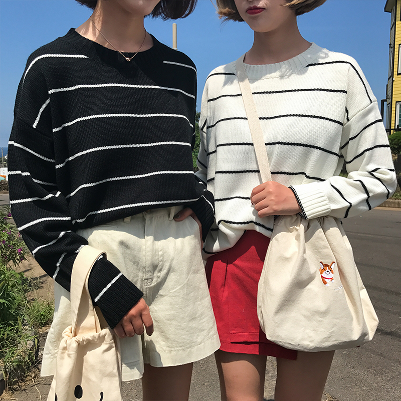 

14 colors autumn and winter preppy style Pullovers Sweaters Knitted Sweater Autumn Loose Striped sweaters womens (X191), White;black