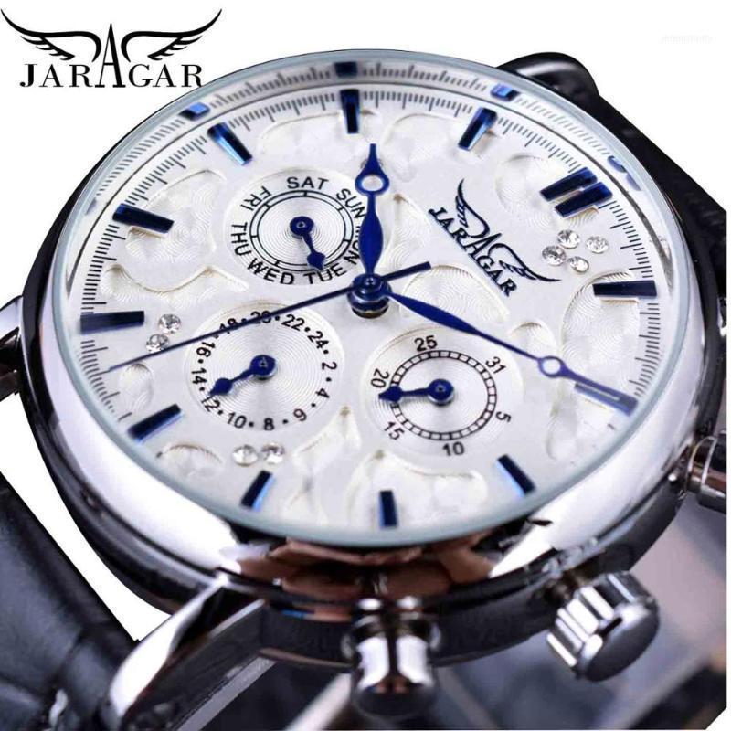 

Wristwatches Jaragar Brand Men Automatic Watch Self Wind Mechanical White 3 Dials Calendar Blue Hands Business Leather Wristwatch1, Bos886-8