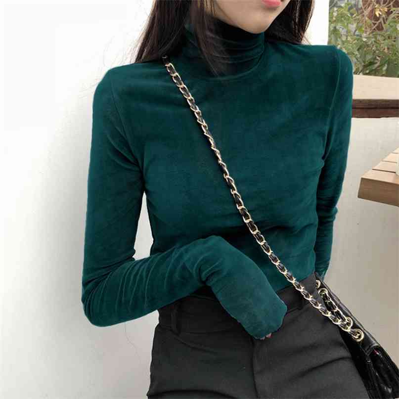 

Turtleneck Velvet Tops Women Long Sleeve T Shirts Solid Color spring Autumn Velour T-Shirts Basic Shirt 210607, Black