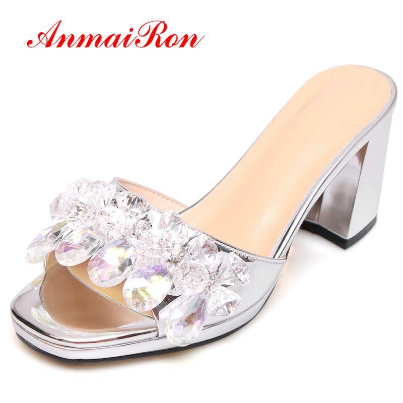 

Slippers ANMAIRON Fashion Crystal High Heels Sheepskin Solid Summer Heel Women Shoes Size 33-40 LY1357, Black