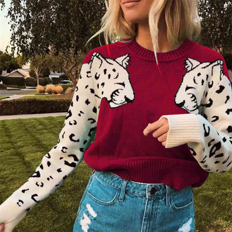 

Sweater Woman' Arm Leopard Pattern Knitted Long sleeve Pullover Tops 210602, Green