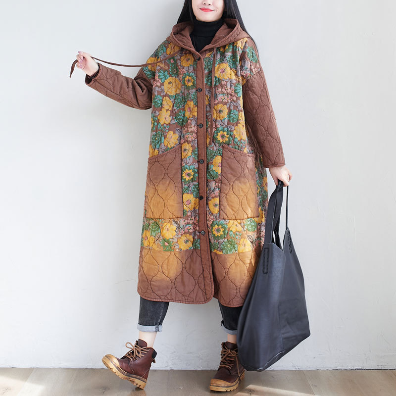 

Johnature Women Vintage Print Floral Parkas Hooded Winter Coats Button Pockets Warm Female Clothes Long Coats Parkas 210521, Pink