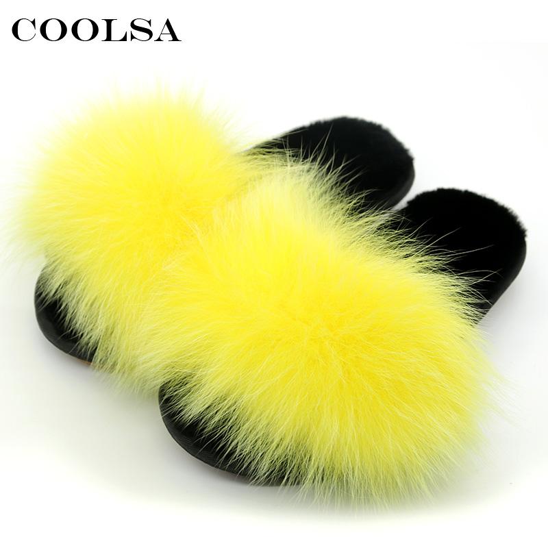 

Slippers Coolsa High Quality Womens Wool Fluffy Really Fur Slides Soft Warm Indoor Flip Flops For Woman Causal Fuzzy Plush Shoes, Black