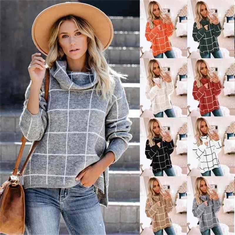 

Pull Femme Hiver Nouveaut Fall Sweater Women Plaid Pullovers Turtleneck Loose Knitted Jumper Korean Style Casual Chandails 210604, Red
