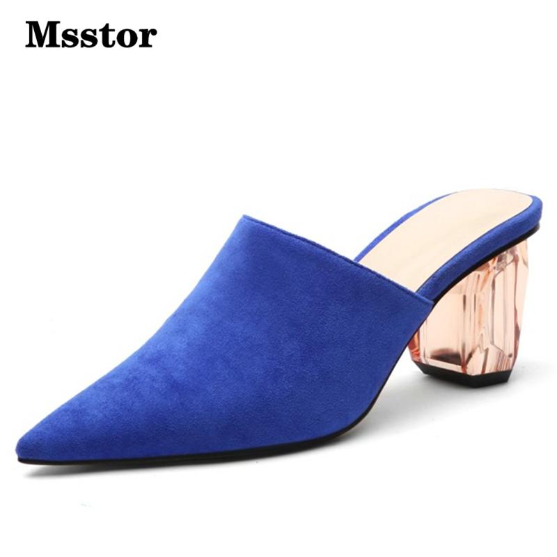 

Slippers Msstor Flock Mules Shoes Women Concise Crystal Fashion Summer Pointed Toe High Heels Big Size, Black