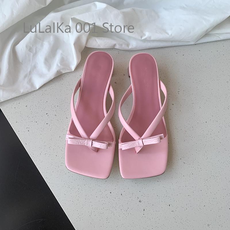 

Slippers 2021 Brand Design Thick Heel Women Shoes Flip Flops Bowknot Elegant Slides Low Luxury Lady Mules Beach, Black