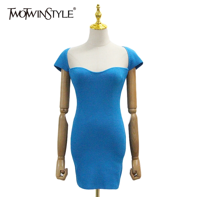 

Elegant Slim Summer Dress Women Square Collar Short Sleeve High Waist Tunic Knitting Mini Dresses For Female 210520, White