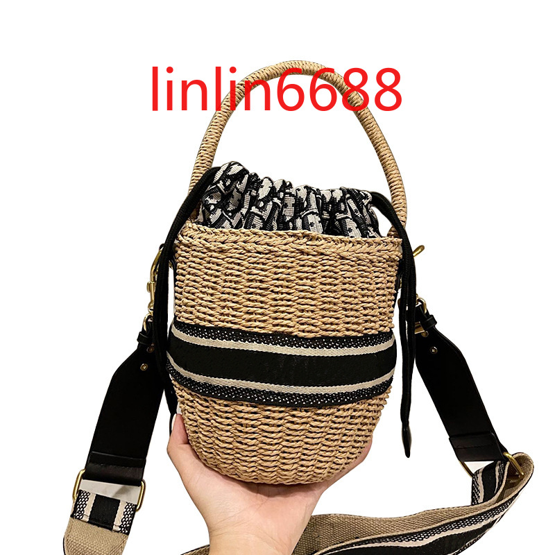 

International brand straw bag with logo popular this year women's 6967 new Fashion handbag foreign style single shoulder bags simple messenger Bucket handbags, Size:16×16×17cm