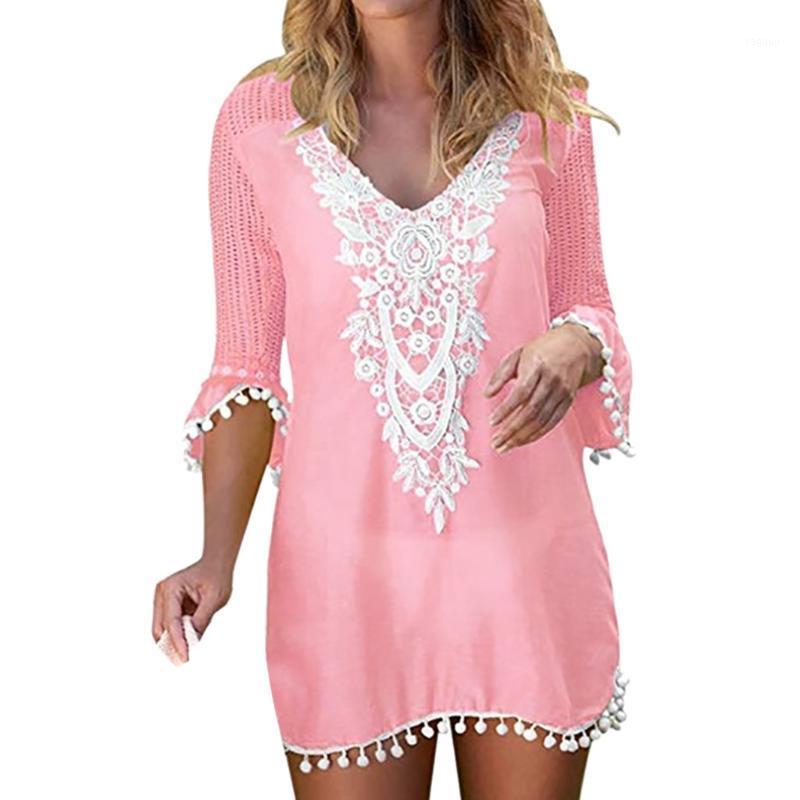 

Women' Swimwear 2021 Women Sexy Beach Cover Up Wavy Stripe Loose Dress Backless Party Club Plus Size With Tassel Vestidos, White