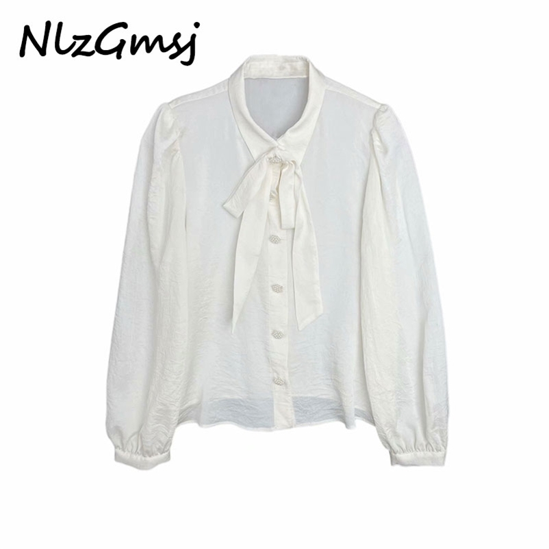

Blouse's Shirt Bow Lapel Collar Long Sleeve Office Shirts Jewelry Button Vintage Summer Elegant Women Tops 210628, As picture