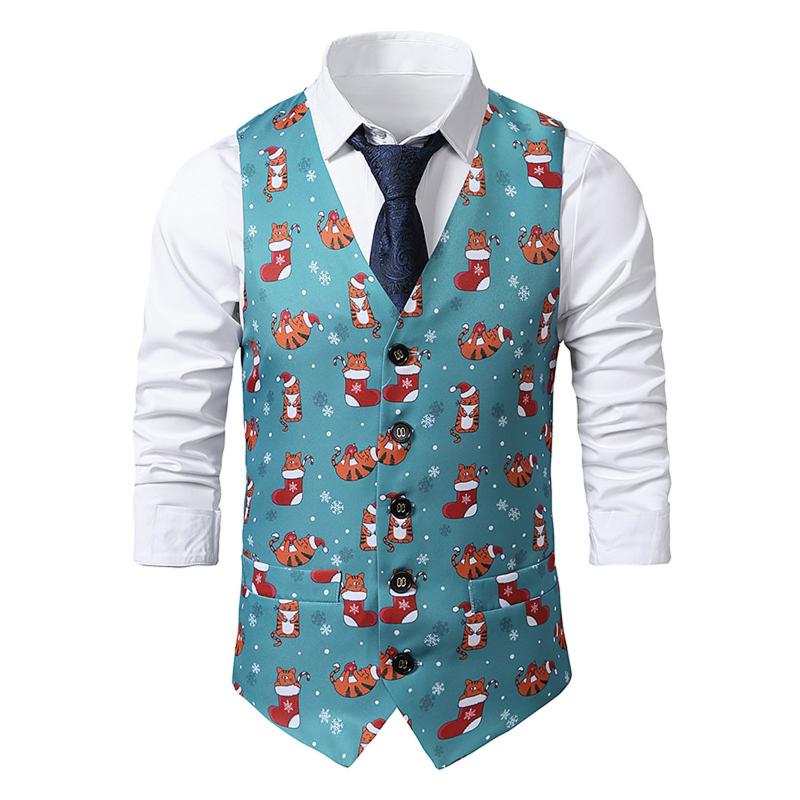 

Men' Tank Tops Autumn And Winter Casual Christmas Printed Single-breasted Suit Vest Fashion Themed Ropa De Homb, White;black