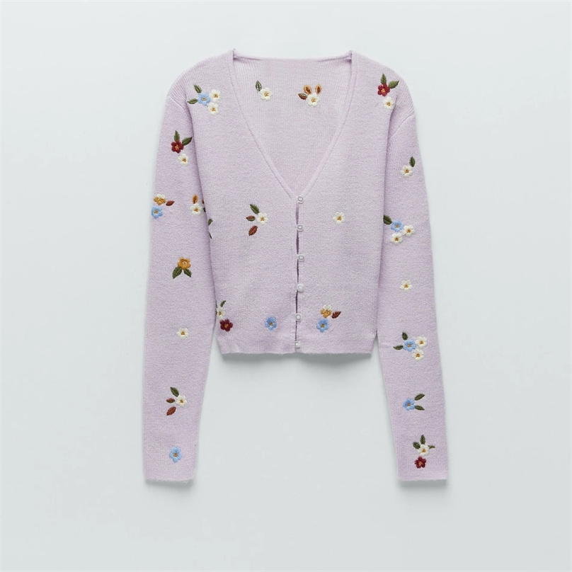 

women knit cardigan with floral embroidery trf Cardigan blend V-neck long sleeves front pockets Button-up Female 210520, Lavender