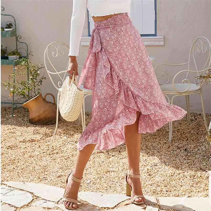 

Ladies Vintage Floral Print Long Summer Skirt Women High Waist Knotted Tied Wrap Ruffle Chiffon A Line Split Woman Skirts Female 210708, 4 khaki