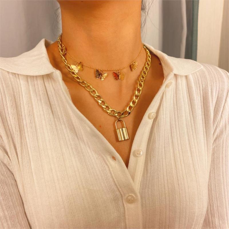 

Pendant Necklaces Vintage Exaggerated Double Lock Butterfly Necklace Choker Clavicle Chain For Women Girls Party Jewelry Gift Bijoux, Silver