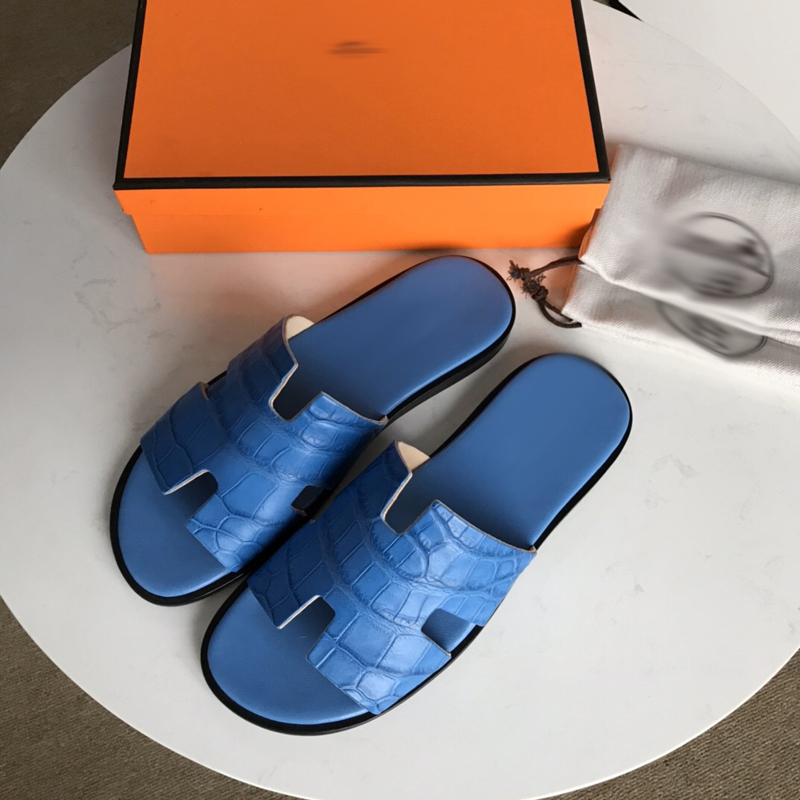 

Pretty Mens Summer Sandals Beach Slide Slippers Crocodile Skin Leather Flip Flops Men Sandali Fashion Designs Orange Scuffs Shoes with box size 39-45 -C466, Blue