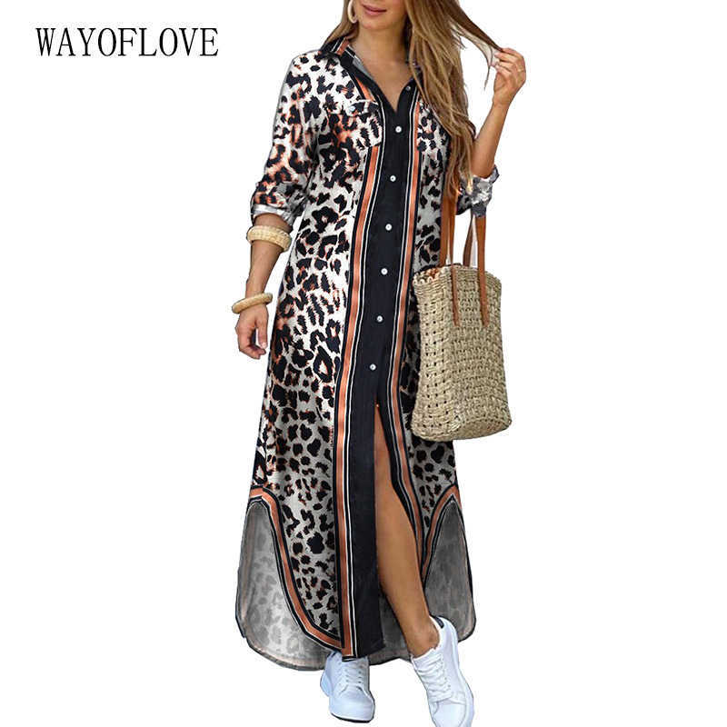 

WAYOFLOVE Fashion Leopard print Women Dress Casual Plus Size Robe Long Sleeve Dresses Woman Elegant Button Shirt Long Dress 210602, Red
