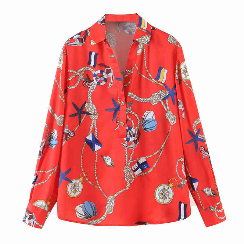 

Women Spring Casual Turn Floral Pullover Shirts Long Sleeve Lady Office Tops Female Elegant Vacation Blouse 210525, Red