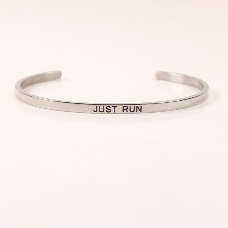 

Bangle 2021 Stainless Steel Open Hand Imprint JUST RUN Words Jewelry