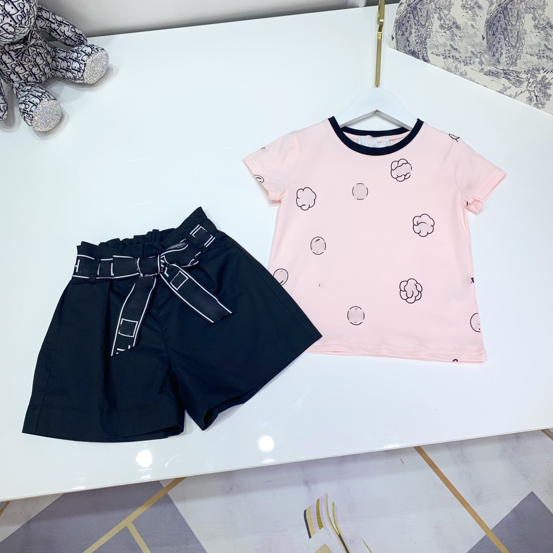 

designer kids casual t shirt+ shorts sets childrens suit pink color brand girls flower printing autumn clothing cotton tees size -160, White