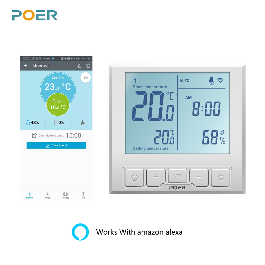 

WiFi Smart Thermostat Temperature Controller for Gas Boiler Electric Underfloor Heating Humidity Display Works with Alexa