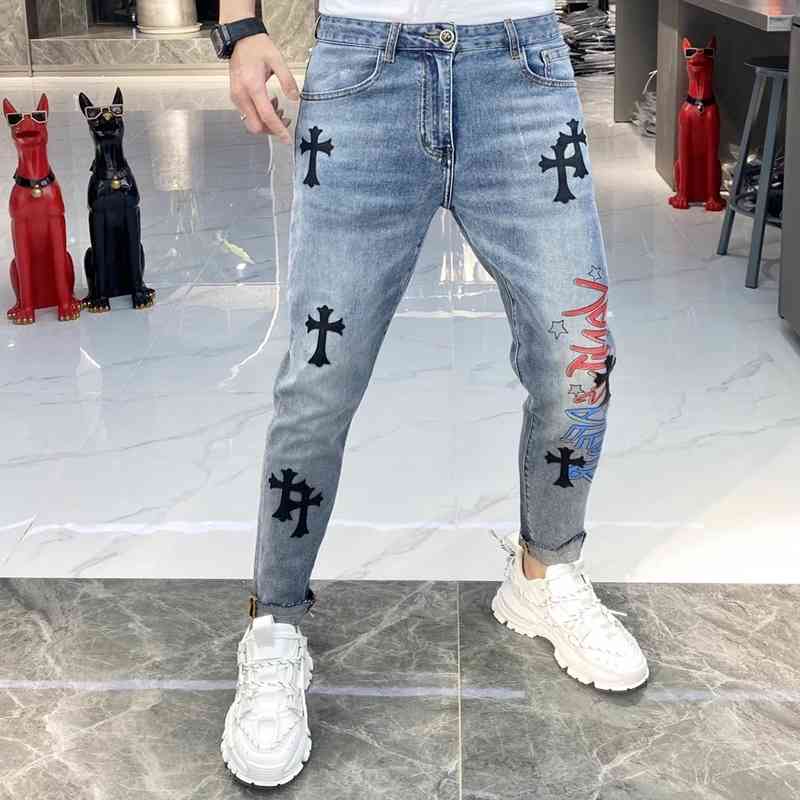

Crosin Jeans Men's 2021 New Summer Korean Printed Straight Pants Casual Leggings Pants, Blue