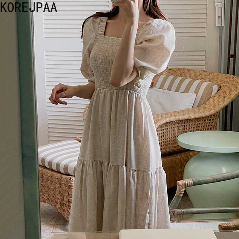 

Korejpaa Women Dress Summer Gentle Elegant Square Neck Leaking Collarbone Slim High Waist Puff Sleeve Ruffled Vestidos 210526, Linen
