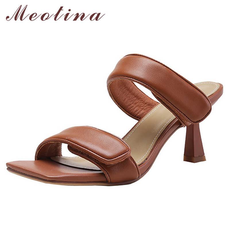 

Meotina Women Sandals Shoes Genuine Leather Sandals Narrow Band Low Heel Sandals Round Toe Thick Heel Lady Footwear Summer Beige 210608, Brown