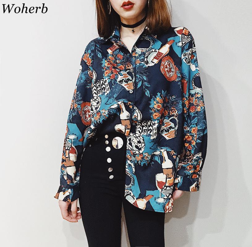 

Women's Blouses & Shirts Woherb Vintage Blouse Women Harajuku Shirt Top 2021 Streetwear Ladies Loose Casual Blusas Korean Fashion Clothing 2, Print