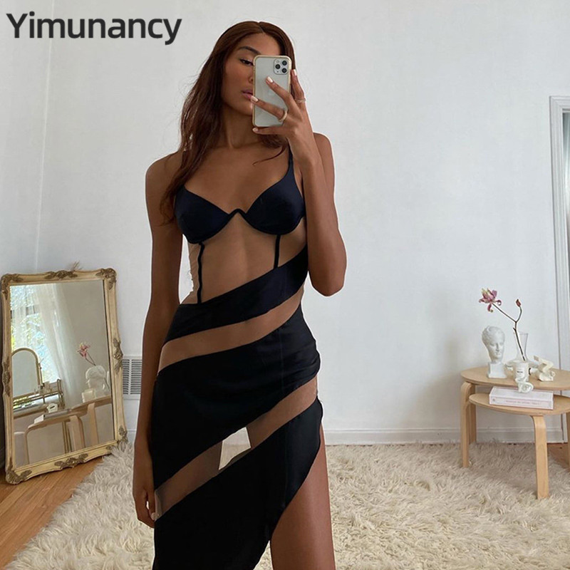 

Spaghetti Strap Dress Women Transparent Mesh Patchwork Mesh Dress 2021 adies Summer Sexy Cub Dresses Vestidos, Black