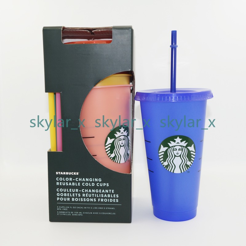 

5pcs 24OZ/710ml Starbucks Color Change Plastic Tumbler Reusable Clear Drinking Flat Bottom Cup Pillar Shape Lid Straw Mug Bardian, White