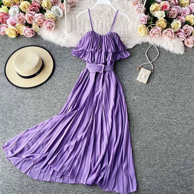 

Women Purple/Pink/Red Pleated Midi Dress Sexy High Waist Sleeveless Vacation Beach Dresses With Sashes 2020 Female Robe Mujer Y0603, Black