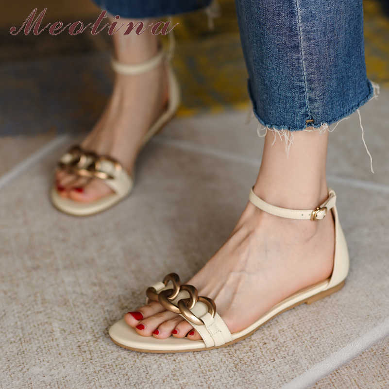 

Meotina Shoes Women Genuine Leather Sandals Flat Ankle Strap Sandals Chain Round Toe Ladies Footwear Summer Beige Fashion 210608