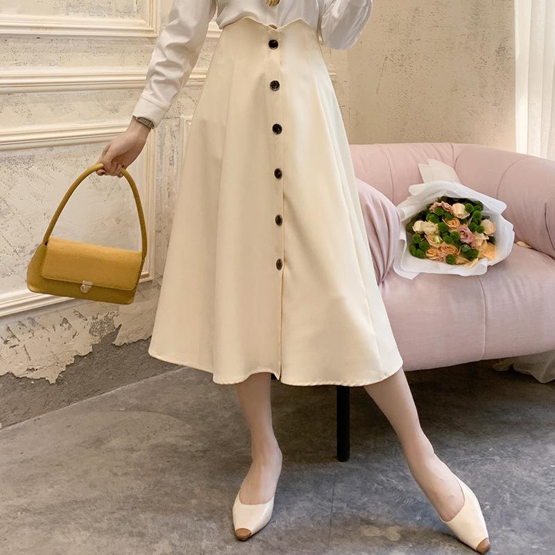

Sweet Buttons Womens Skirts Female Vintage Elegant Apricot Women Vestido Lady Bottom 2021 Fashion Clothes OWK205012, Beige