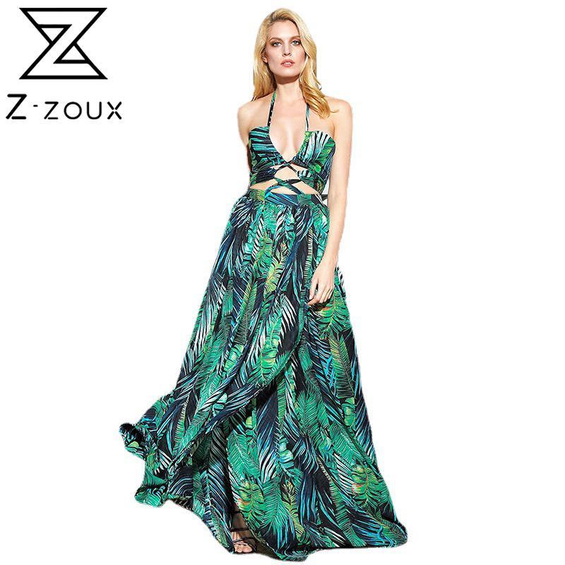 

Women Dress Sleeveless V-neck Sexy Bohemian es For Plus Size Print Chiffon Long Summer Woman 210524, Green