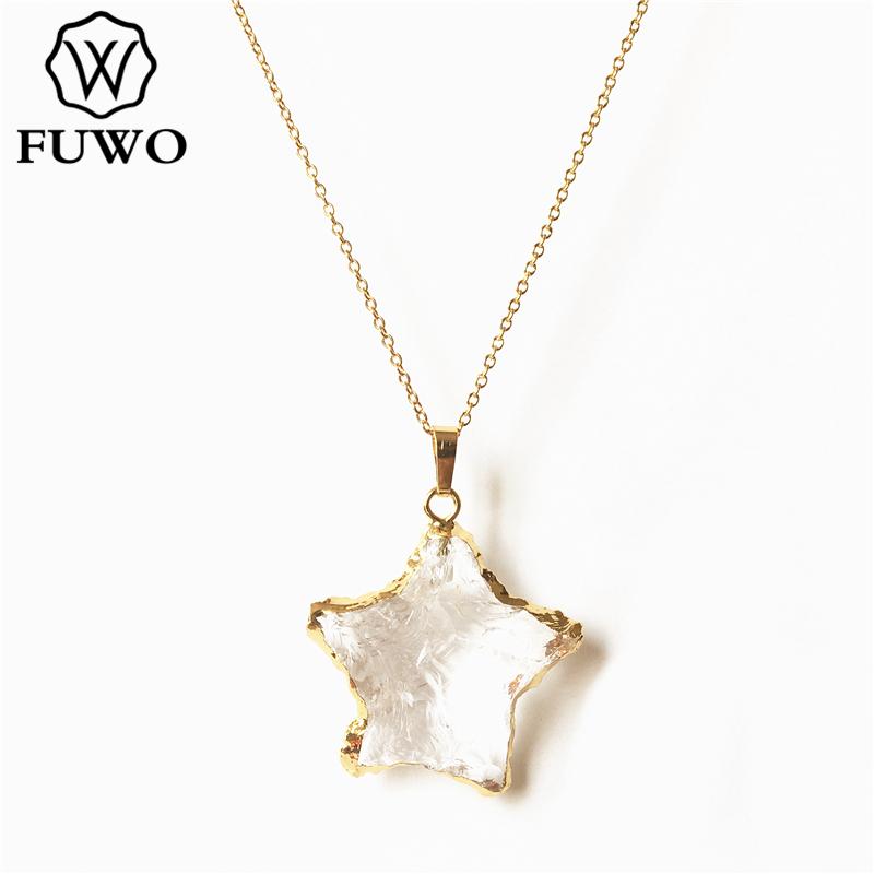

Pendant Necklaces FUWO Rough Pentagram Crystal Quartz Necklace With Gold Trimmed Natural White Fashion Jewelry For Women Gift NC265