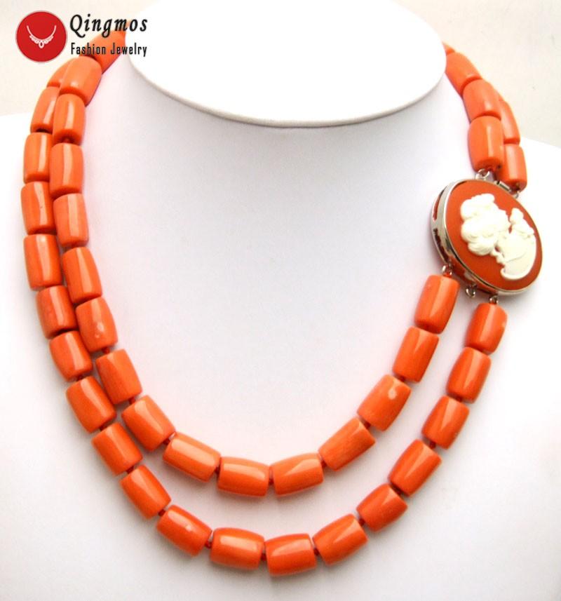

Chokers Qingmos Natural Orange 2 Strands Coral Necklace For Women With Genuine 10-12mm Thick Slice 18" Jewelry, Golden;silver