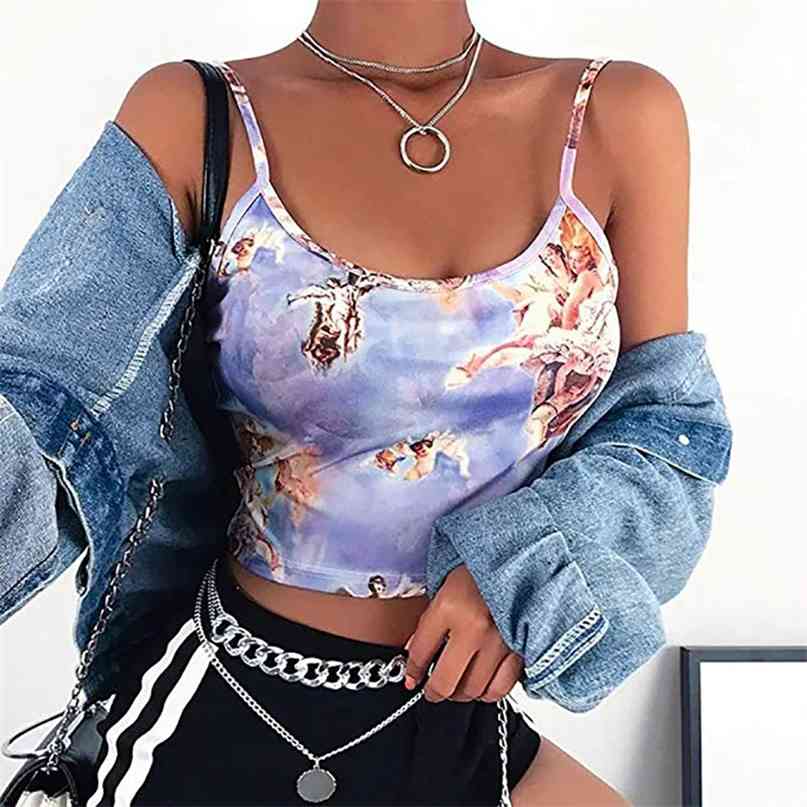 

Sexy Slim Sling Angel Print Summer Camisole Women's Streetwear Short Cropped Navel Bra Top 210607, Blue