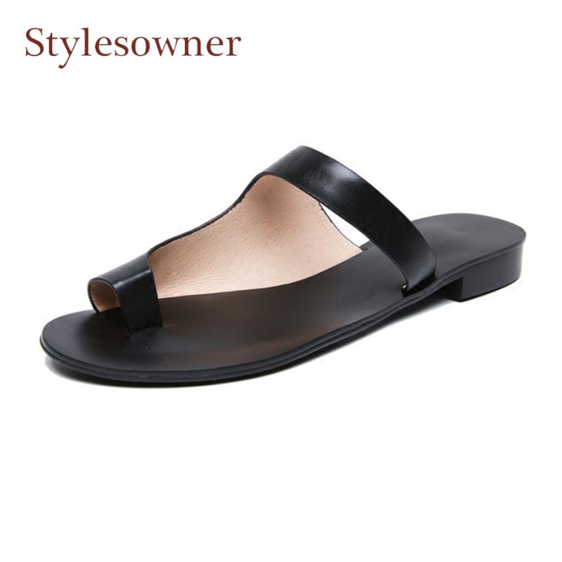

Slippers Stylesowner Genuine Leather Women Outside Summer Shoe Rome Style Design Flat Heel Clip Toe Slides Beach Shoes Mujer, Black