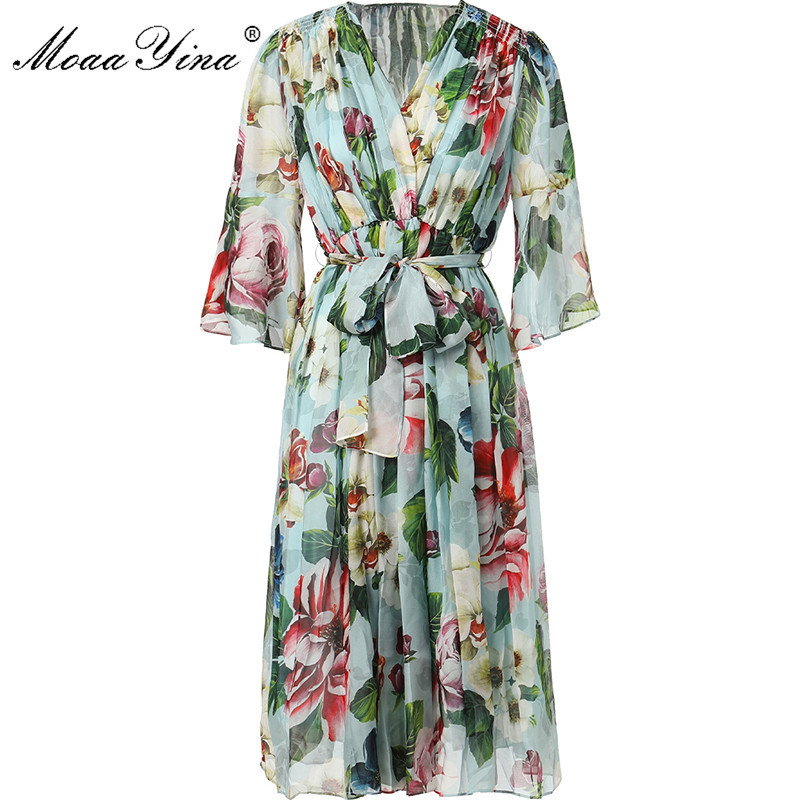 

Fashion Designer dress Summer Women's Lace up Dress V-neck Floral-Print Vacation Dresses 210524, Turquoise