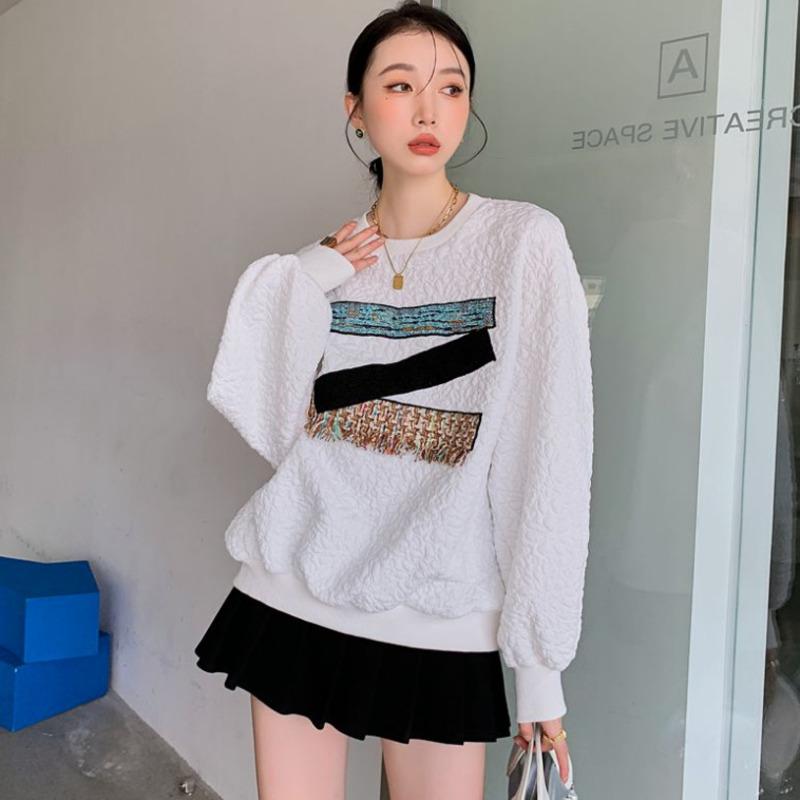 

Women' Hoodies & Sweatshirts [EWQ] Korean Fashion Chic Contrast Spliced Pullovers Tops Women Autumn Winter 2021 O-neck Long Sleeve 16R681, White