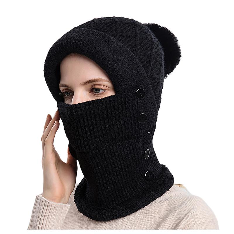 

Berets Winter Outdoor Fashion Women Solid Riding Headgear Cold-Proof Warm Ski Cap Bib Face Mask Integrated Windproof Hat, Black