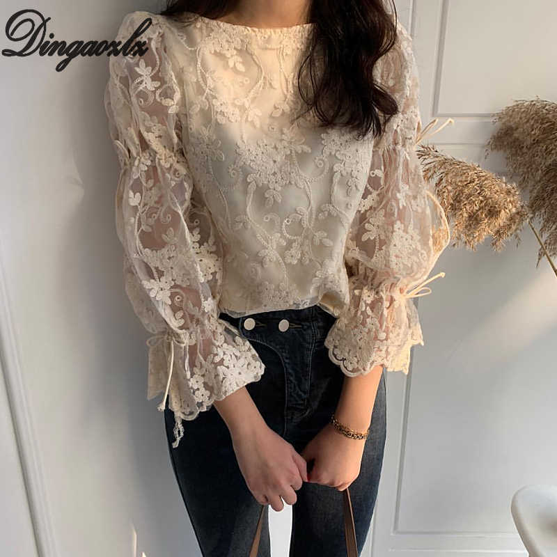 

Spring Autumn Girl Chiffon shirt Fashion embroidered lace Tops Elegant Flare sleeve Casual Women blouse Blusa 210602, Apricot