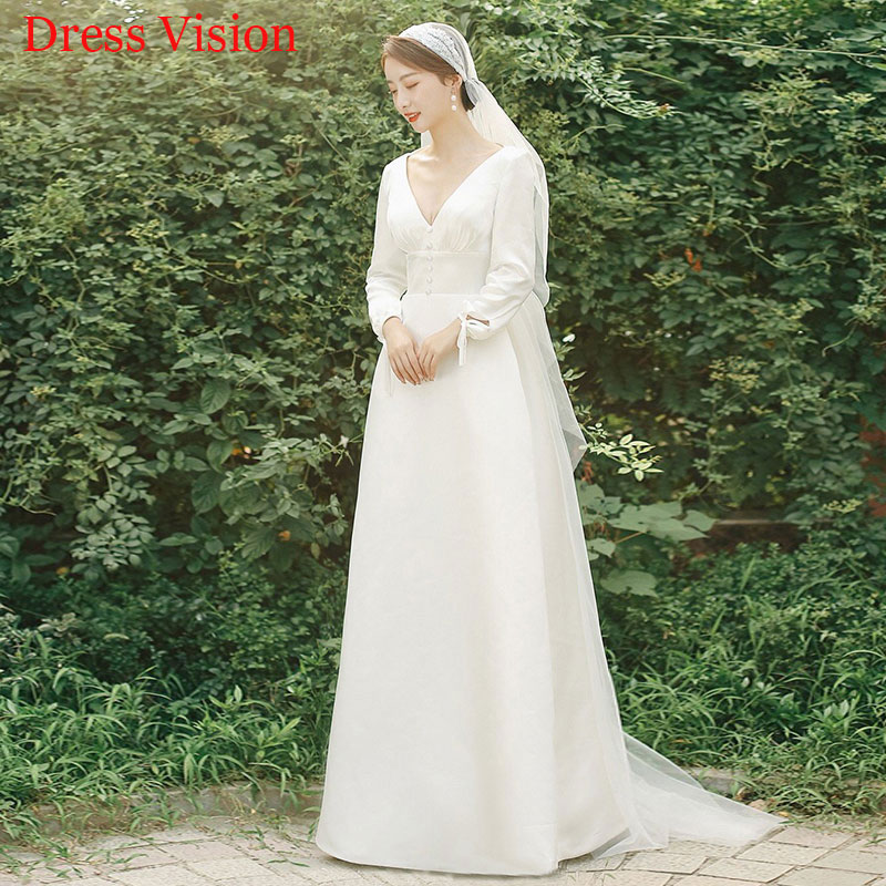 

Satin Sexy V-neck Long Sleeves Wedding Dresses Formal Wedding Bridal Gowns Vestidos De Novia, White