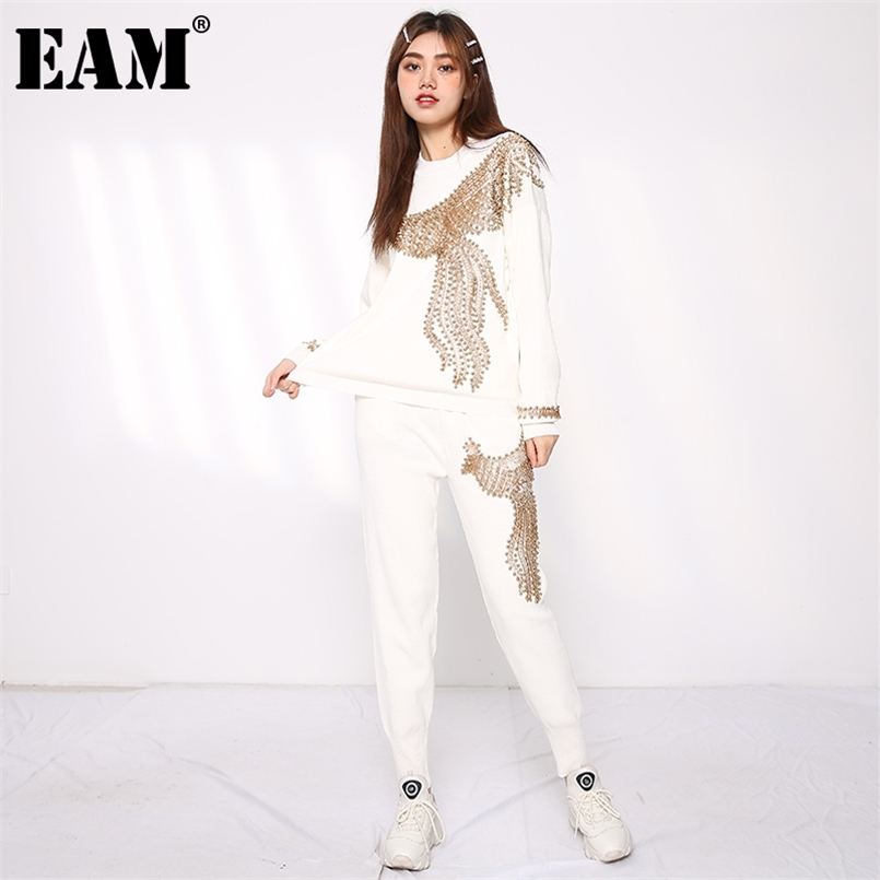 

[EAM] Wide Leg Pants Knitting Two Piece Suit Round Neck Long Sleeve Loose Fit Women Fashion Autumn Winter 3AC224 211109, White