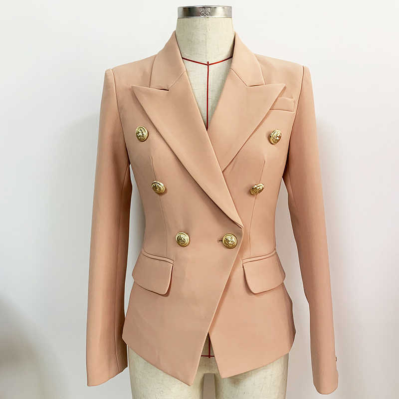 

HIGH QUALITY est Designer Jacket Women's Classic Double Breasted Lion Buttons Slim Fitting Blazer Color Nude 210526