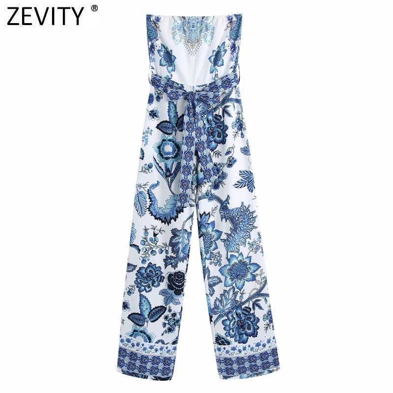 

Zevity Women Vintage Totem Floral Print Strapless Wide Leg Jumpsuits Chic Female Sexy Backless Zipper Bow Sashes Rompers P1113 210603, As pic p1113bb