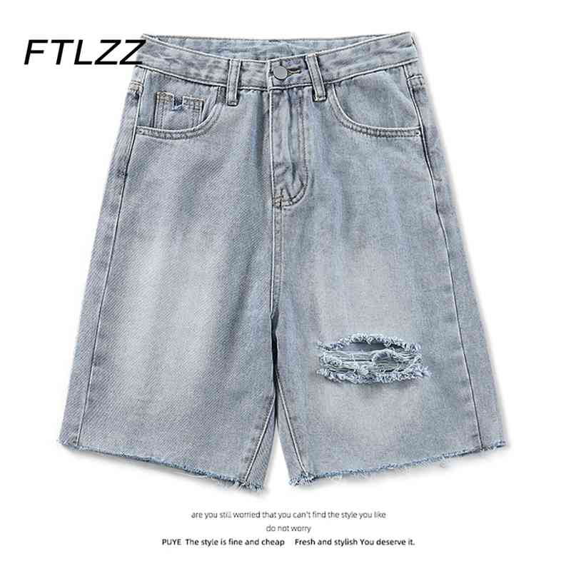 

Summer Streetwear Ripped Denim Short Vintage High Waist Slim Knee Length Jeans Pants Woman Loose Baggy Straight-leg 210602, Light blue